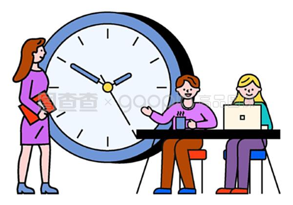 商務咨詢人員和與筆記本電腦的交流。工作時間、工作時間的男女。使用筆記本電腦的工人字符接近時鐘符號,專業團隊合作向量。與筆記本電腦合作的商務咨詢
